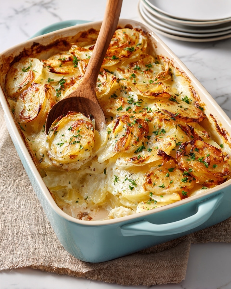 A baked dish in a light blue ceramic baking pan shows multiple thin layers. The bottom layer is soft and golden, likely a creamy baked base. On top are thinly sliced cooked onions that are roasted to a light golden brown with some crispy edges. Green chopped herbs are sprinkled evenly over the top layer giving a fresh contrast. A wooden spoon is scooping a portion from the left side, mixing the layers slightly. The baking pan sits on a light brown cloth over a white marbled surface, with two stacked white plates nearby. photo taken with an iphone --ar 4:5 --v 7