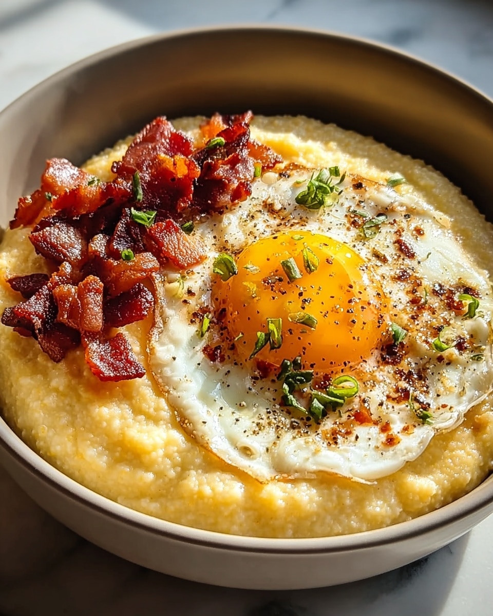 A bowl filled with a creamy yellow grits base that has a smooth and slightly bumpy texture, topped with a perfectly cooked fried egg with a bright yellow yolk and white edges that are lightly browned. On one side of the egg, there are crispy, small pieces of red-brown bacon, and the egg is sprinkled with small bits of green herbs and black pepper for garnish. The bowl sits on a white marbled surface with soft natural light shining from the side. photo taken with an iphone --ar 4:5 --v 7