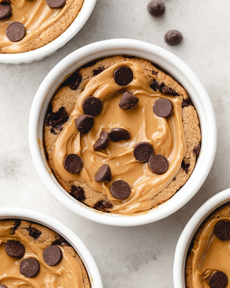 A white round ramekin holds a baked chocolate chip cookie with a light golden-brown base and dark chocolate chips embedded throughout. On top, there is a creamy, smooth layer of peanut butter spread unevenly, with parts of the cookie still visible. Several shiny, whole chocolate chips sit randomly on the peanut butter, adding texture and contrast. The ramekin is placed on a white marbled surface, and parts of two other similar ramekins filled with peanut butter are visible near the edges of the frame. The photo taken with an iphone --ar 4:5 --v 7
