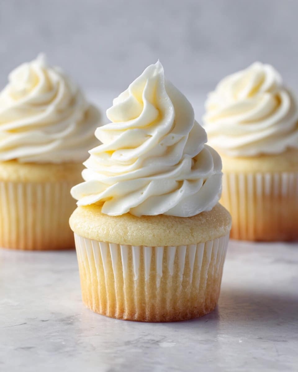 The image shows three vanilla cupcakes topped with a thick swirl of white cream frosting. Each cupcake has one layer of light golden cake, with a soft texture visible through the white paper liners that cover the base. The frosting is piped in a tall spiral with smooth, creamy peaks. The cupcakes sit on a smooth white marbled surface, with one cupcake in sharp focus at the front and two others blurred in the background. The lighting is soft, making the cream look fluffy and the cake moist. Photo taken with an iphone --ar 4:5 --v 7