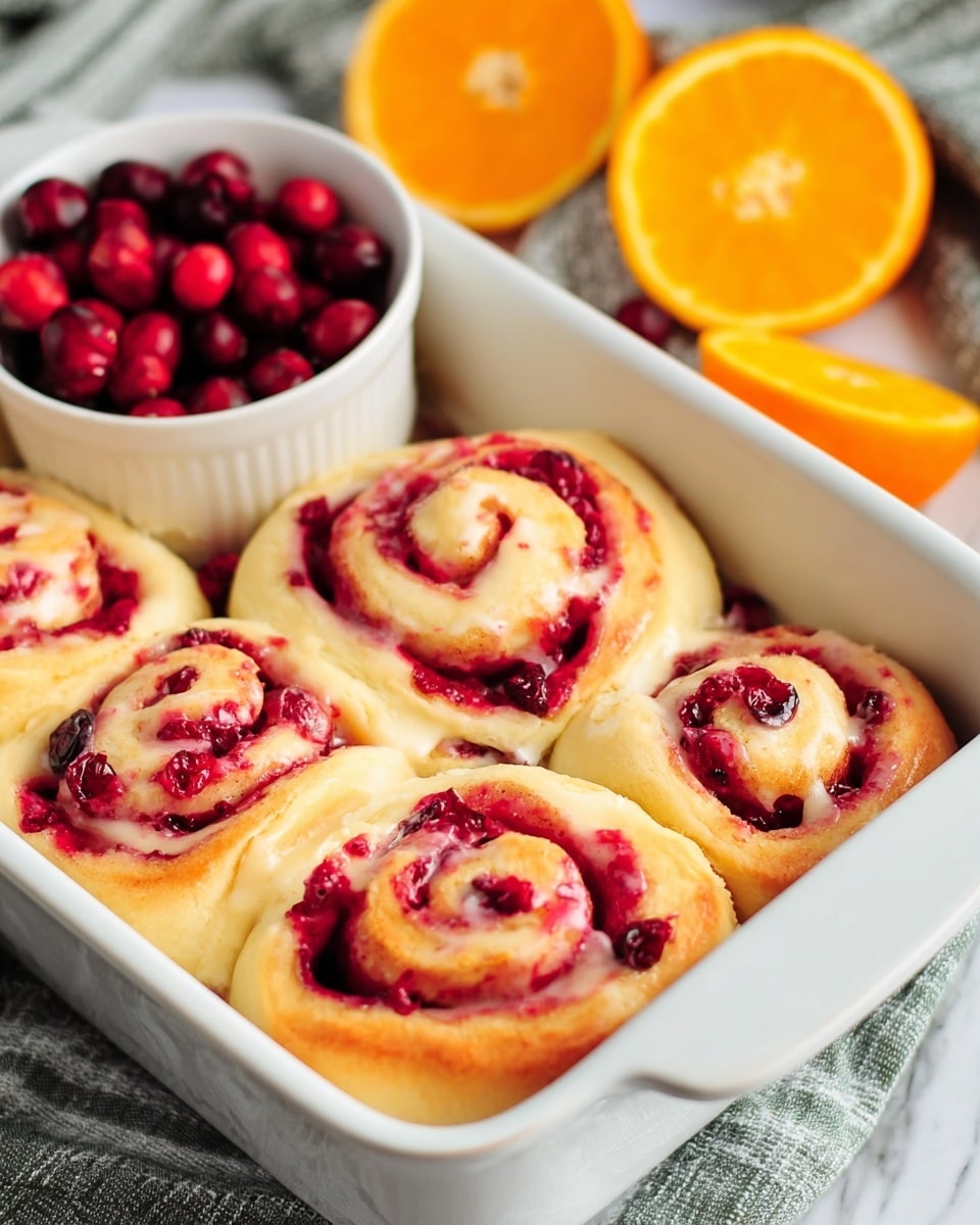 The image shows six soft, golden-baked rolls in a white rectangular baking dish, each roll swirled with bright red cranberry filling that is visible in the layers spiraling inward. The dough looks fluffy and slightly shiny, with the filling unevenly spread, giving a textured look with bits of whole cranberries peeking out. In the background, there is a small white bowl filled with fresh cranberries, and halved orange showing bright orange flesh, all placed on a white marbled surface with a grey cloth partially visible. photo taken with an iphone --ar 4:5 --v 7