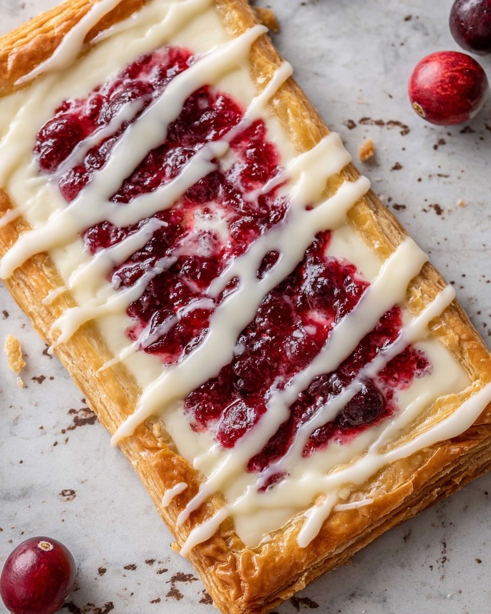 The image shows a rectangular puff pastry tart with three main layers. The bottom layer is golden-brown, flaky pastry with visible folds around the edges. The middle layer is a smooth, creamy white spread covering the pastry inside the border. The top layer is a bright red cranberry compote spread evenly in the center, with visible pieces of fruit creating a textured surface. White icing is drizzled in diagonal lines over the entire tart and spills slightly onto the white marbled surface beneath, adding a glossy finish. A whole cranberry is placed near the tart for decoration. photo taken with an iphone --ar 4:5 --v 7
