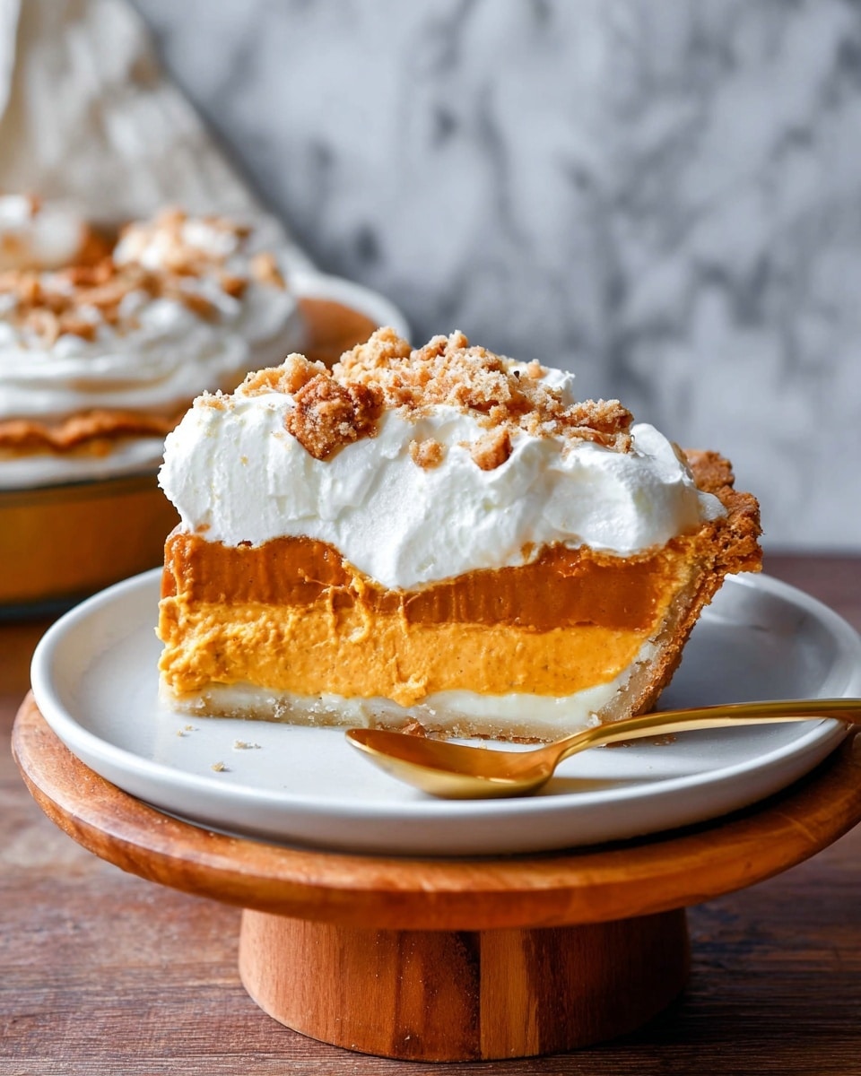 A slice of pie sits on a white plate with a smooth texture, showcasing three clear layers: at the bottom, a thin crust in light beige, followed by a thick orange pumpkin filling with a creamy texture, topped by a fluffy white whipped cream layer sprinkled with crumbly brown nuts and bits. The pie is set on a wooden stand, with the background featuring a white marbled surface. A golden spoon lies next to the slice on the plate. photo taken with an iphone --ar 4:5 --v 7