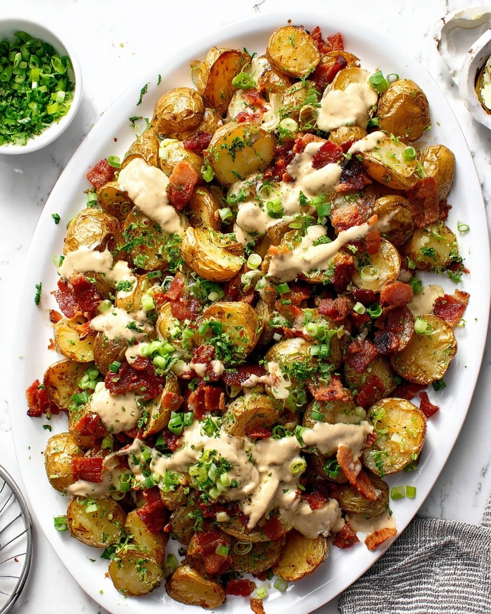 A white oval plate full of golden-brown roasted baby potatoes cut in halves, sprinkled with finely chopped green onions and fresh green herbs. Crisp, reddish-brown bacon pieces are spread evenly among the potatoes. A creamy light beige sauce is drizzled over everything, adding a smooth texture that contrasts with the crispy bacon and roasted potatoes. The plate sits on a white marbled surface, and a small white bowl of chopped green herbs is partly visible at the top left corner. Photo taken with an iphone --ar 4:5 --v 7