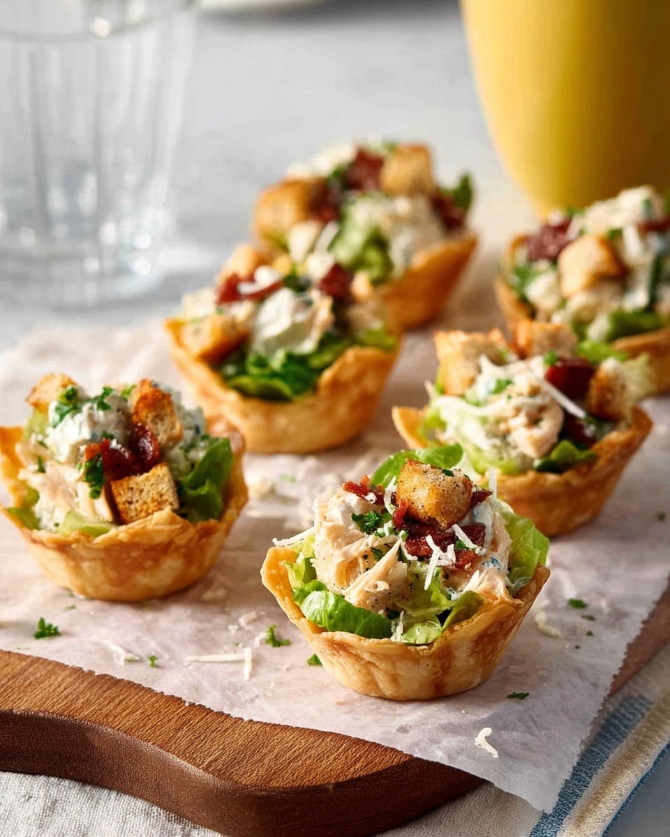 Six small crispy golden-brown tart shells sit on a parchment paper-lined wooden board over a white marbled surface. Each tart is filled with green leafy lettuce as the base layer, topped with creamy white chunks of chicken salad mixed with dressing. On top, there are small light brown croutons and bits of reddish-brown bacon scattered, adding a crunchy texture. The tarts are garnished with finely chopped green herbs and a sprinkling of shredded white cheese, giving a fresh and colorful look. In the background, a tall clear glass and a yellow cup blurred gently add warmth to the scene. Photo taken with an iphone --ar 4:5 --v 7