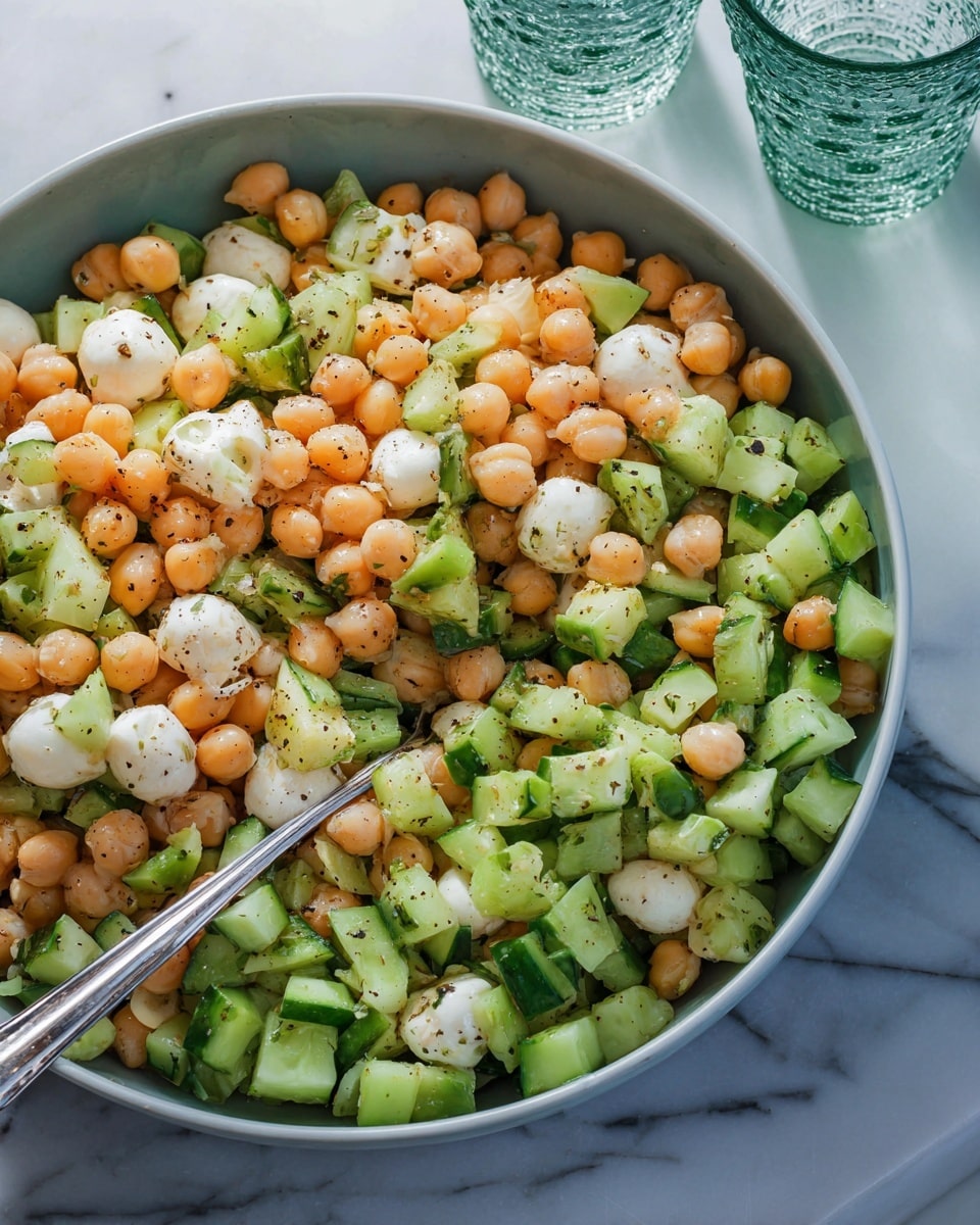 A close-up view of a salad in a white bowl showing three main layers mixed together: light orange chickpeas, bright green chopped cucumbers with a bit of celery, and small white mozzarella balls, all speckled with black pepper. A silver spoon rests on the left side inside the bowl. The bowl sits on a white marbled surface with two clear textured glasses blurred in the background. photo taken with an iphone --ar 4:5 --v 7