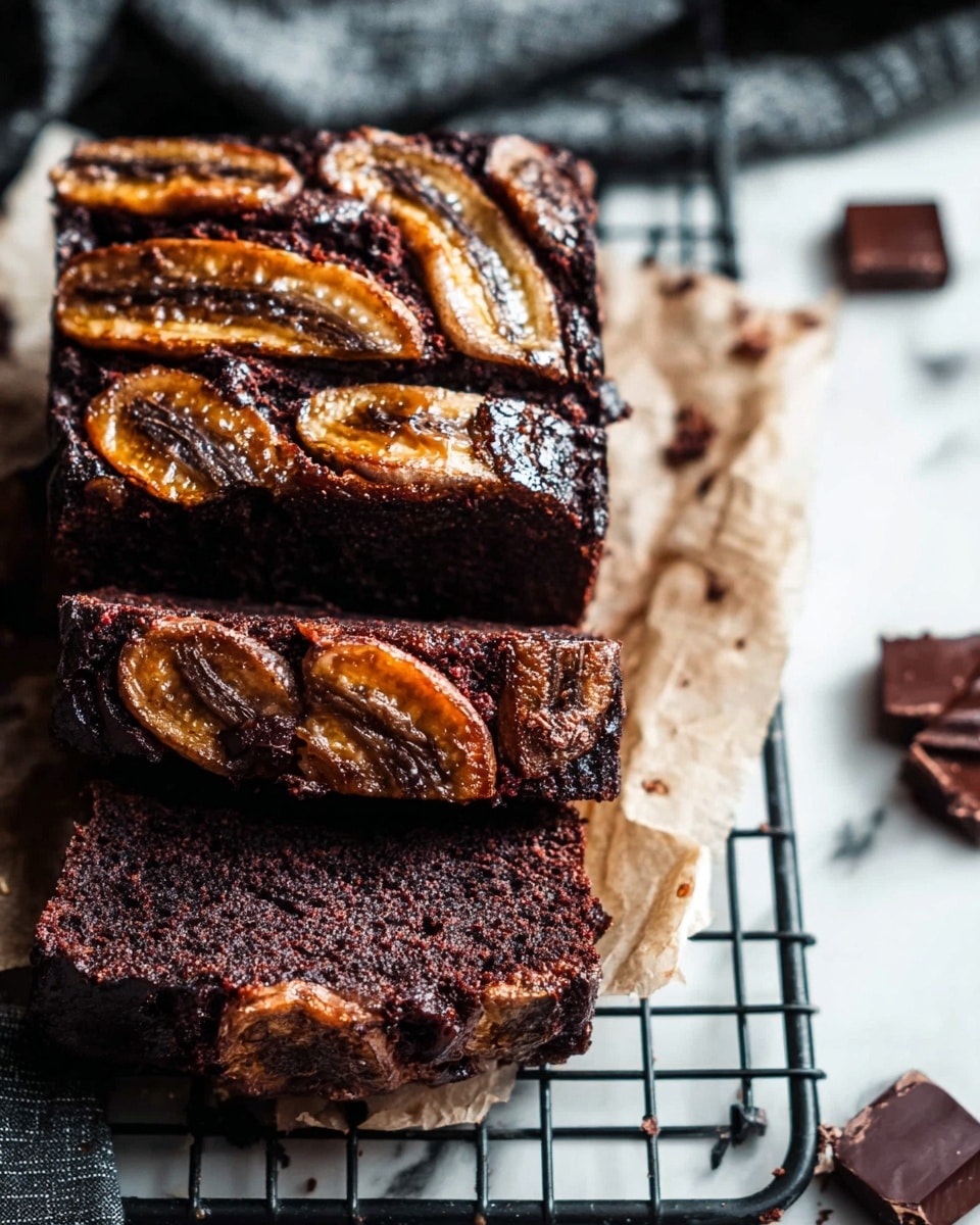 A dark chocolate banana bread loaf with a rough, moist texture is shown sliced into four thick pieces. The top layer is decorated with caramelized, golden-brown banana slices, which contrast with the deep dark brown of the chocolate bread. The banana bread rests on a piece of parchment paper placed on a black cooling rack, all set against a white marbled texture. Chocolate chunks are scattered nearby, adding to the rich and indulgent look. Photo taken with an iphone --ar 4:5 --v 7