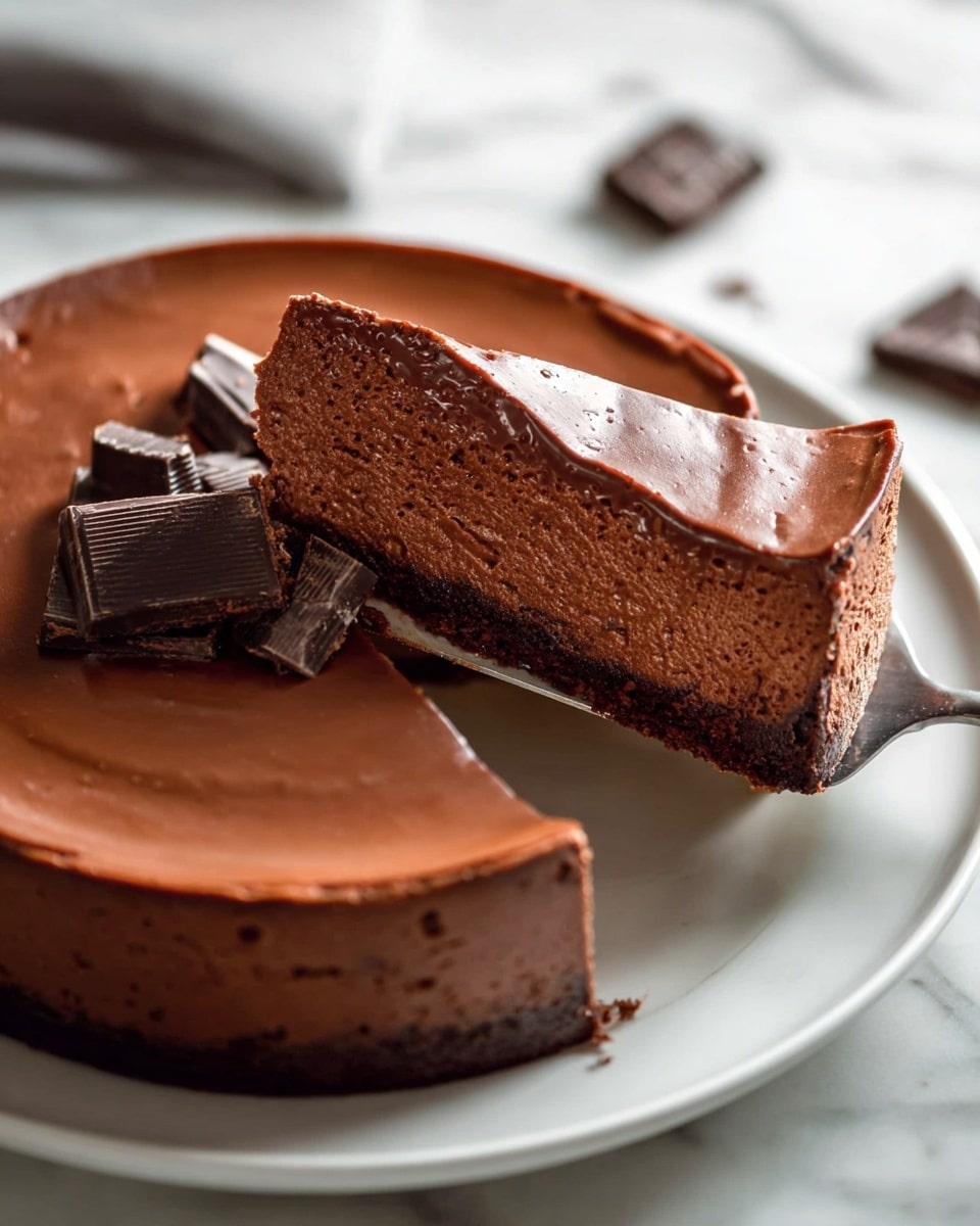 A smooth, rich chocolate cheesecake with two visible layers sits on a white plate over a white marbled surface. The bottom layer is a dense, darker chocolate crust, while the top layer is a slightly lighter, creamy chocolate filling that looks silky and thick. A slice is being lifted, showing the clean, firm edges and smooth texture of the cheesecake, with a few chunks of dark chocolate scattered on the plate around it. Photo taken with an iphone --ar 4:5 --v 7