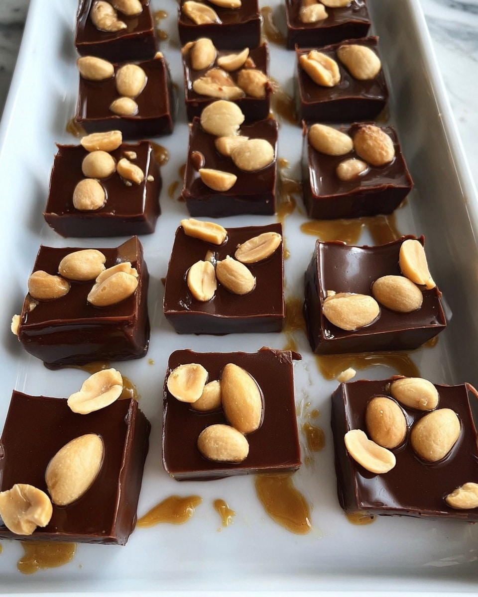 The image shows several small square pieces of peanut butter fudge stacked inside a white bowl. Each piece has two visible layers: a thick bottom layer of smooth light brown peanut butter fudge and a thinner top layer of glossy dark chocolate. Scattered on top of the chocolate layer are whole and halved light beige peanuts, adding texture and detail. The bowl sits on a white marbled surface, providing a clean and bright background. Photo taken with an iphone --ar 4:5 --v 7