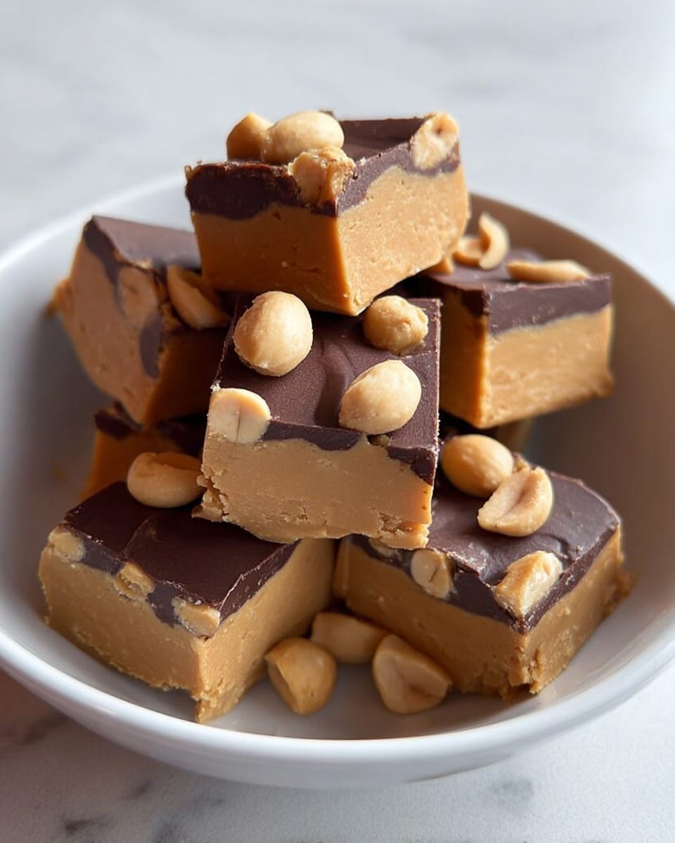 The image shows a white divided tray filled with small square pieces of dark chocolate. Each square has a shiny smooth layer of deep brown chocolate topped with several whole and halved light tan peanuts. Some chocolate pieces have tiny splashes of peanut butter on the white edges of the tray. The background is a white marbled surface. photo taken with an iphone --ar 4:5 --v 7