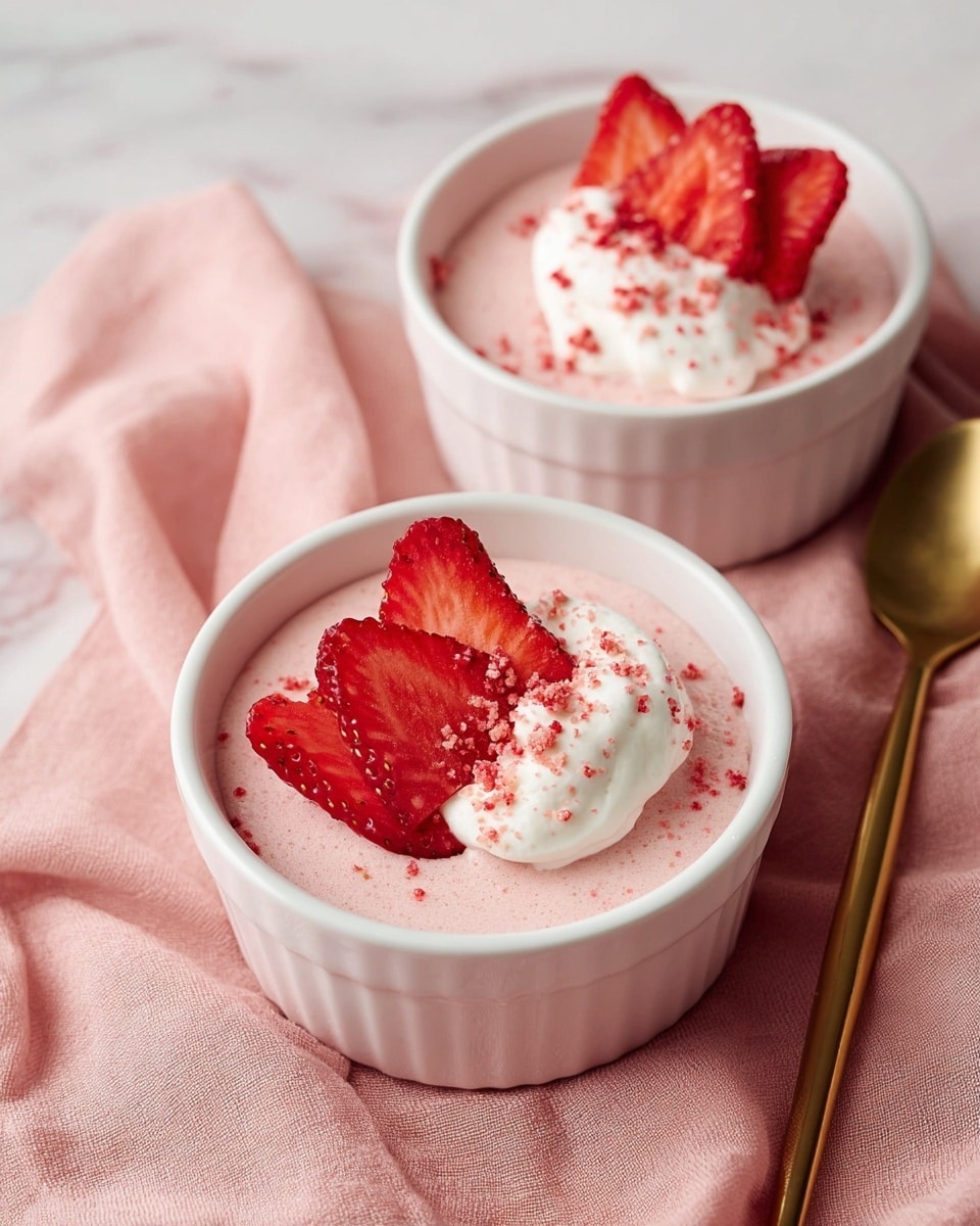 Two white ramekins each hold a smooth, light pink mousse filling the base and sides evenly. On top of the mousse, there is a soft dollop of white whipped cream in the center of each ramekin. Resting on the whipped cream are a few glossy, red strawberry slices arranged to display their inner texture. Tiny red crumbs are sprinkled over the whipped cream and mousse, adding a touch of texture and color contrast. The ramekins are placed on a soft pink cloth next to a shiny golden spoon, all set against a white marbled surface. photo taken with an iphone --ar 4:5 --v 7
