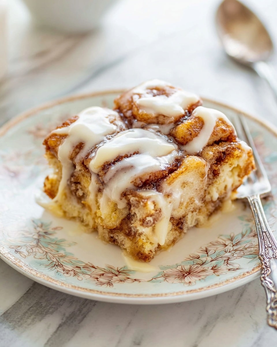 A square slice of cinnamon roll cake is placed in the center of a white plate with a delicate floral pattern. The cake has multiple layers of golden brown dough twisted with cinnamon sugar, creating a textured surface with soft, irregular chunks. A glossy, creamy white icing is generously drizzled over the top and sides, soaking into the crevices and adding a shiny, smooth contrast to the rough cinnamon layers. The plate rests on a white marbled surface, with a blurred silver fork and a spoon nearby, adding to the cozy, inviting atmosphere of the scene. photo taken with an iphone --ar 4:5 --v 7