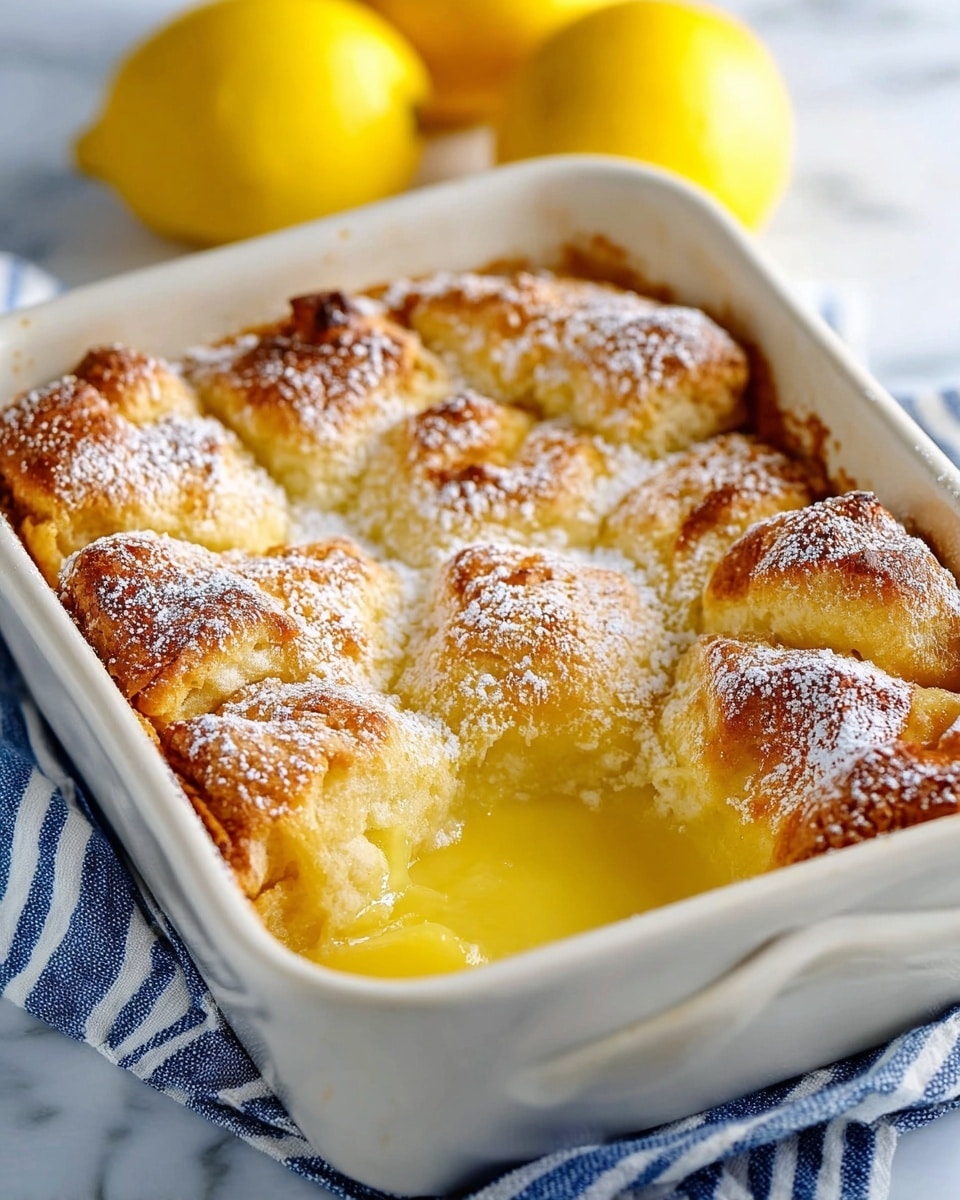 A white baking dish with golden brown baked dough pieces forming a rough top layer, sprinkled with powdered sugar. Underneath and between the dough pieces, there is a shiny, thick bright yellow lemon custard filling. The baked dish rests on a blue and white striped cloth on a white marbled surface, with two whole bright yellow lemons blurred in the background near the top. Photo taken with an iphone --ar 4:5 --v 7