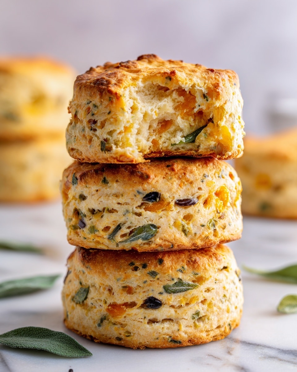 The image shows a stack of three round savory biscuits on a white marbled surface; each biscuit has a golden-brown crust with visible green and black pieces inside, suggesting herbs and vegetables mixed within. The top biscuit has a bite taken out of it, revealing a soft, flaky, layered inside with bits of green and orange colors. In the background, there are more biscuits slightly out of focus and some loose green leaves. The photo taken with an iphone --ar 4:5 --v 7