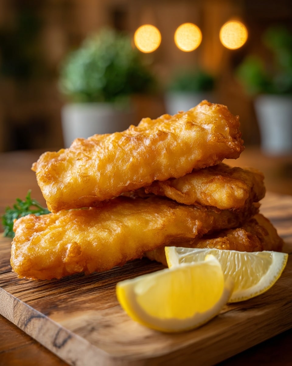 The image shows three pieces of golden battered fried fish stacked on a wooden board, each piece crispy with a rough textured coating and rich golden brown color; beside the fish are three lemon wedges, bright yellow with a smooth shiny surface, placed in a small cluster on the right side, all set against a softly blurred warm background with two glowing round lights and some green potted plants in the distance. photo taken with an iphone --ar 4:5 --v 7