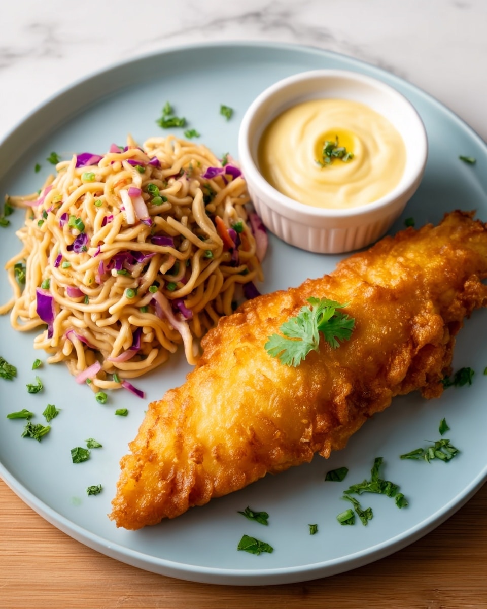 A white plate holds a crispy golden-brown fried fish fillet in the front center, topped with a small green cilantro leaf. To the left, there is a heap of light beige noodles mixed with small pieces of purple cabbage, adding a bright contrast. On the top right of the plate, a small white bowl contains creamy pale yellow sauce with a swirl and a small dollop on top. Loose green cilantro leaves are scattered lightly on the white plate. The plate is set against a white marbled texture. photo taken with an iphone --ar 4:5 --v 7