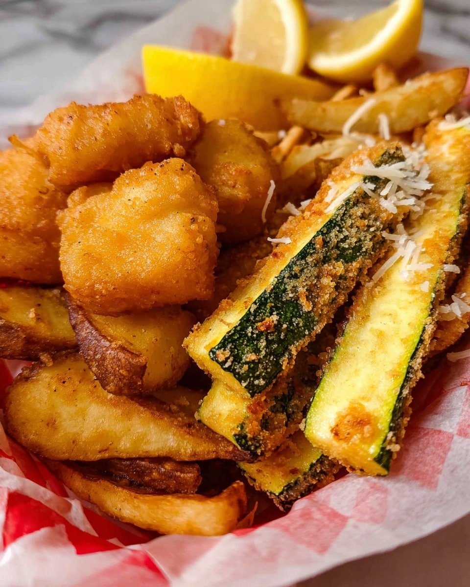The image shows a serving of golden-brown battered fish pieces on the left, with a crispy texture and slightly uneven shapes. On the right, there are fried zucchini sticks with a coarse, crumbly coating sprinkled with light-colored grated cheese. Underneath the fish and zucchini are thick, lightly seasoned golden potato wedges with a slightly rough surface. In the background, partially visible lemon wedges add a bright yellow color. All the food is placed in a white paper-lined basket with a red checkered pattern, set against a white marbled texture. photo taken with an iphone --ar 4:5 --v 7