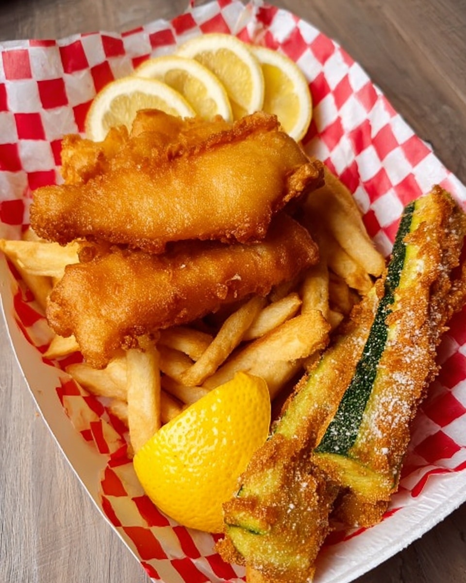 The dish shows two golden-brown battered fried fish pieces placed on a base layer of thick, golden fries. To the right of the fish, there are three long pieces of fried zucchini coated in crispy crumbs with a light dusting of white powder, likely parmesan cheese. Behind the fish and zucchini, there are three slices of lemon with a bright yellow color positioned upright. All the food sits on a white paper with red checkered squares lining a white tray. The whole scene is set on a wood-textured surface changed to a white marbled texture. photo taken with an iphone --ar 4:5 --v 7