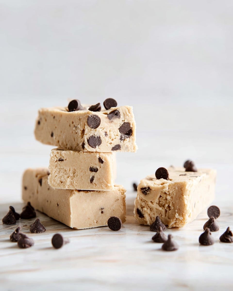 Three thick rectangular pieces of light beige cookie dough fudge with dark chocolate chips inside and on top are placed on a white marbled surface. Two pieces are stacked on the left side, with the top piece showing a slightly rough texture on the side. The third piece is placed separately to the right. Scattered chocolate chips surround the fudge pieces, adding texture and contrast to the smooth dough surface. photo taken with an iphone --ar 4:5 --v 7