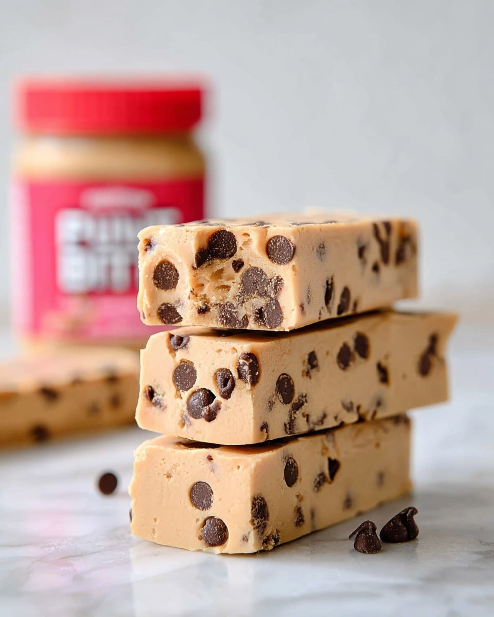 The image shows a stack of three peanut butter fudge bars with dark chocolate chips scattered throughout. Each bar is a thick rectangular block with a smooth, creamy texture and light brown color from the peanut butter. The bars are stacked unevenly, with the top bar slightly longer than the others below it. The background is a white marbled texture, and a peanut butter jar with a red label is blurred in the back, adding context to the main subject. photo taken with an iphone --ar 4:5 --v 7