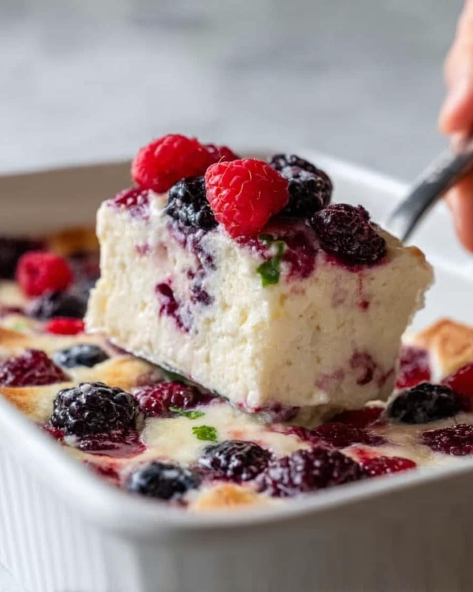 A close-up image of a white rectangular dish filled with a creamy, soft dessert that looks like a baked cheesecake or a creamy custard. The dessert has multiple layers: the top layer is dotted with fresh berries, including dark purple blackberries and bright red raspberries, some slightly sunken into the creamy white base below. The texture of the creamy layer is smooth and slightly dense, with visible specks of berry juices blending in. A woman's hand is holding a metal utensil that is lifting a thick, square piece from the dish, showing the inside layers, white with hints of berry color. The background surface is a white marbled texture. Photo taken with an iphone --ar 4:5 --v 7