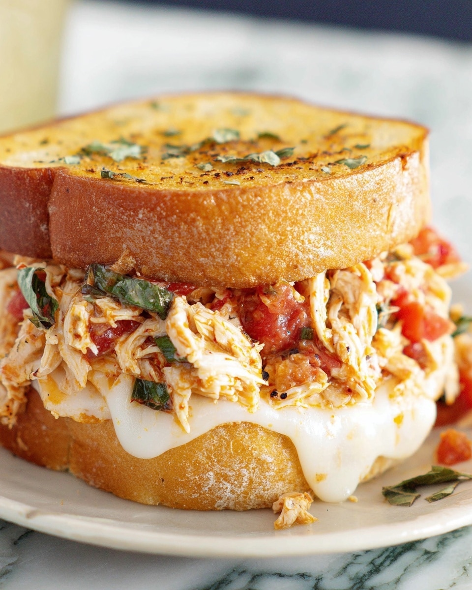A close-up of a sandwich with three main layers: the bottom layer is a thick slice of toasted bread with a light golden brown crust, topped with a melted white cheese that slightly drapes over the edges; the middle layer consists of shredded chicken mixed with chopped red tomatoes and finely chopped green herbs, giving a colorful and juicy texture; the top layer is another thick slice of toasted bread, golden brown with visible flecks of herbs on its surface. The sandwich sits on a white plate, all placed against a white marbled texture background. Photo taken with an iphone --ar 4:5 --v 7