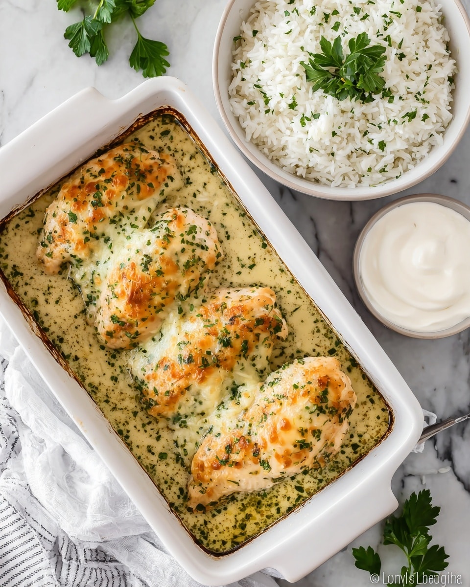 A white rectangular baking dish holds four pieces of baked chicken breasts arranged in a row, each topped with melted golden-brown cheese and sprinkled with chopped green herbs, sitting in a creamy herb sauce with visible green flecks; next to the dish, a white bowl is filled with fluffy white rice garnished with finely chopped herbs and topped with a small green parsley leaf, while another small white bowl contains smooth white sour cream. The setting is on a white marbled surface with some scattered green herb leaves and a folded white and gray striped cloth napkin near the dish. Photo taken with an iphone --ar 4:5 --v 7