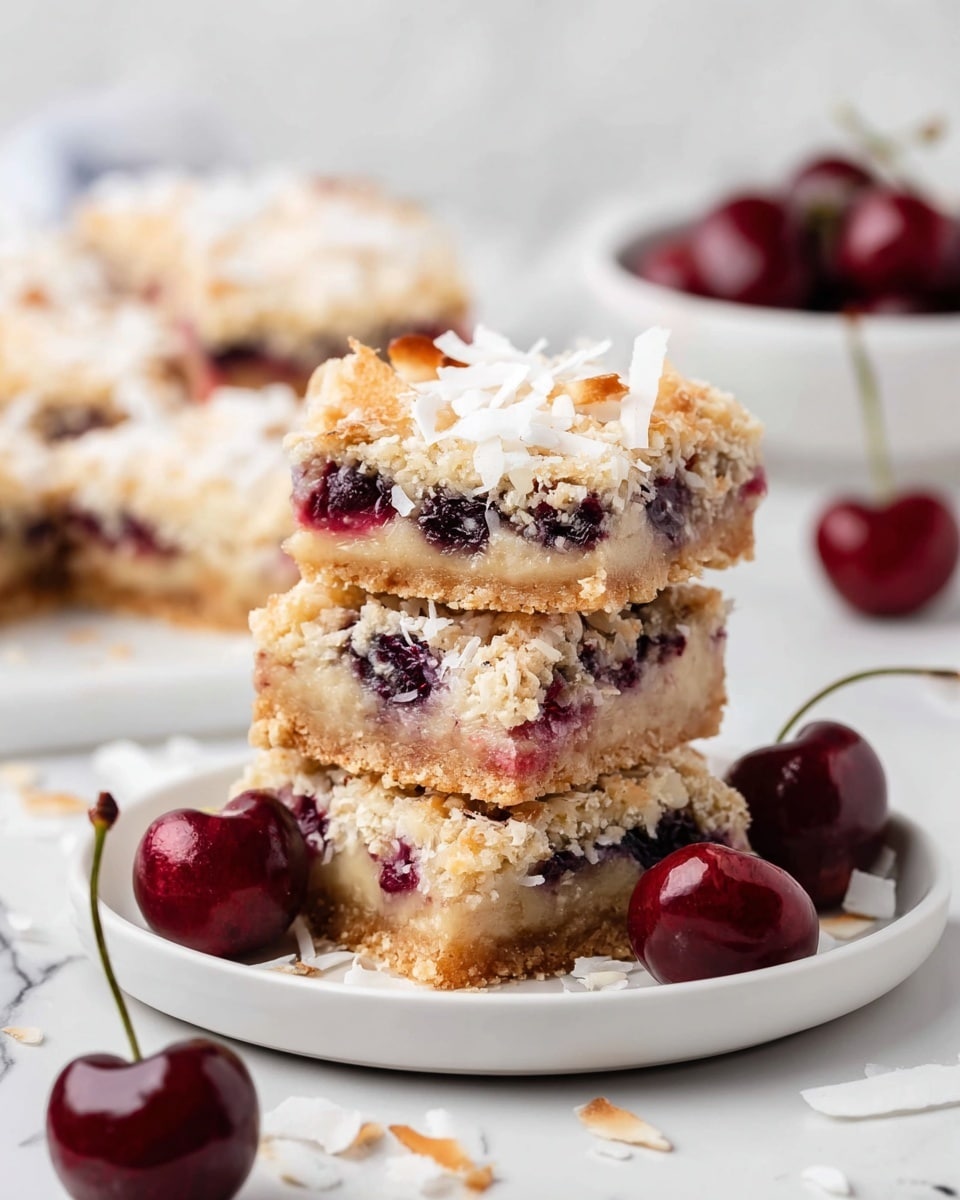 A stack of three square dessert bars sits on a white plate, each bar showing three distinct layers: a light golden brown crumbly base, a middle layer that is creamy beige with visible pieces of dark red and purple cherries, and a top crumbly layer sprinkled generously with white shredded coconut and toasted coconut flakes. Around the plate, fresh dark red cherries with stems rest on a white marbled surface, along with scattered coconut shreds. The background is softly blurred, showing more dessert bars and a white bowl. Photo taken with an iphone --ar 4:5 --v 7