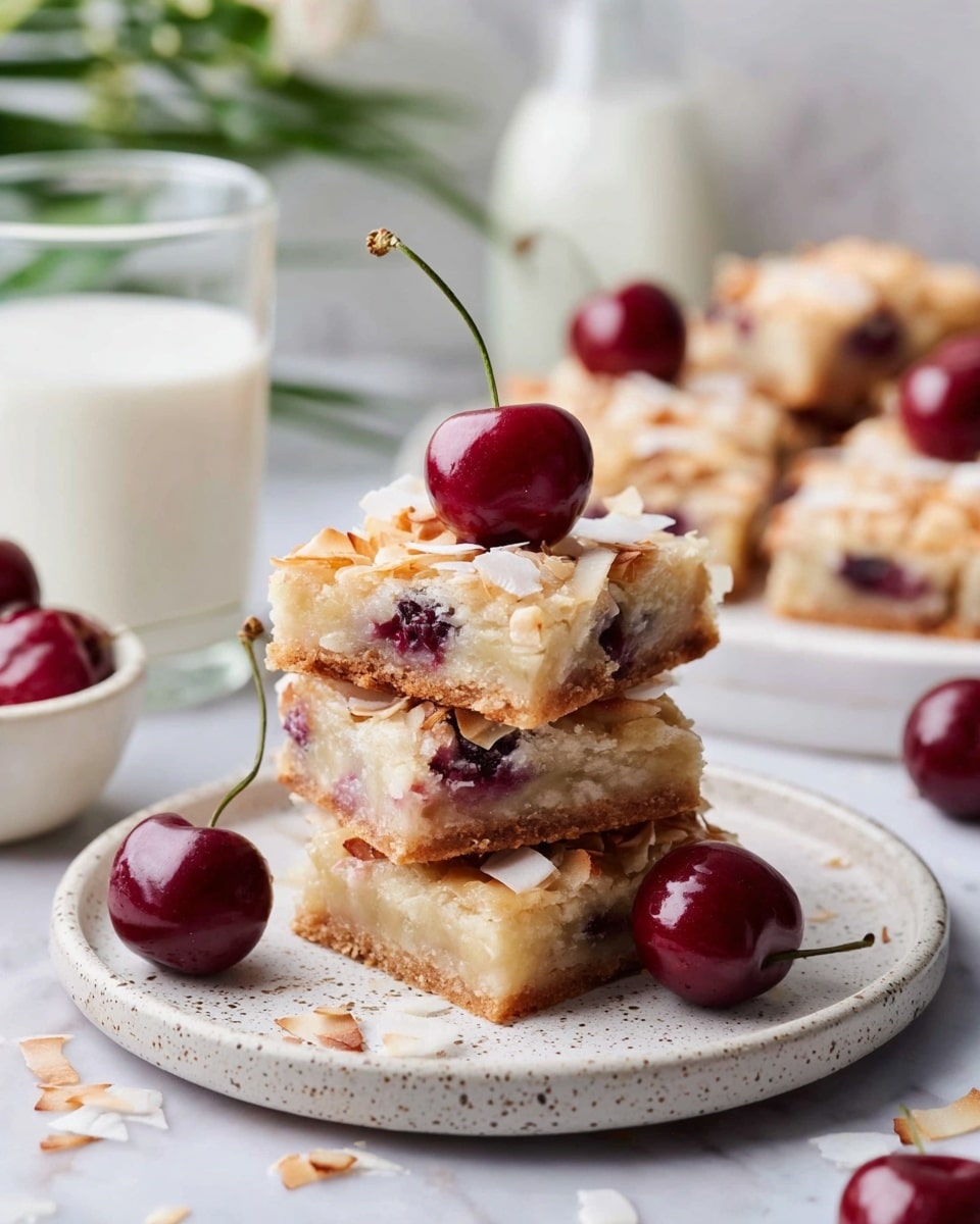 The image shows a stack of three square cherry and almond bars on a white speckled plate with a slightly raised rim. Each bar has three visible layers: the bottom golden-brown crust, a creamy light beige middle layer with embedded cherries, and a golden toasted almond and coconut flake topping. Several whole shiny red cherries are placed on top and around the stack. In the soft-focus background, there are glasses and a jug of milk on a white marbled surface, along with another plate of similar bars, and some green leaves adding a touch of color. Photo taken with an iphone --ar 4:5 --v 7