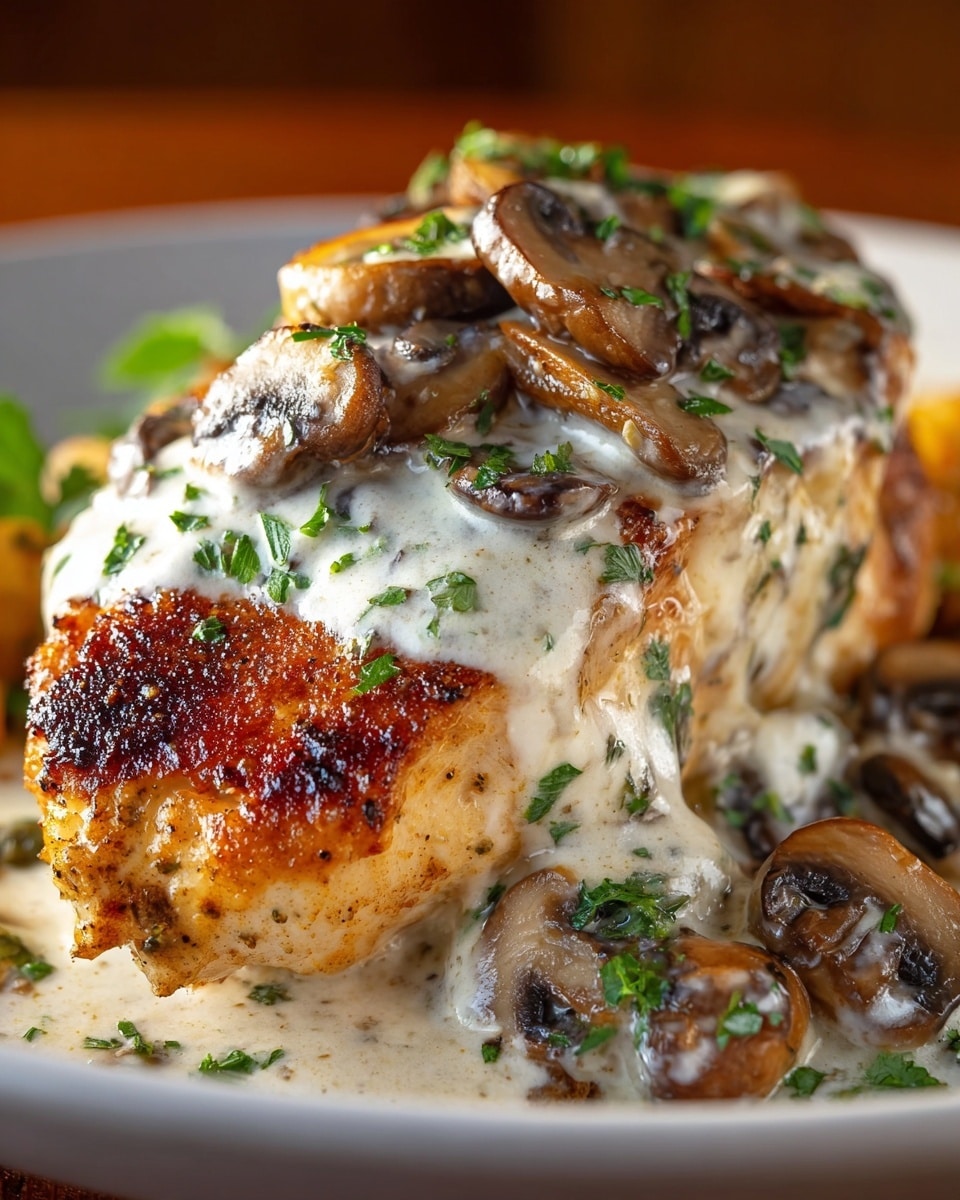 A close-up image of a dish showing a thick piece of chicken breast with a golden brown, slightly charred crust as the base layer. On top of the chicken, there is a creamy white mushroom sauce with rich texture, dotted with small green chopped herbs. Sliced brown mushrooms are mixed into the sauce and scattered on top, adding a moist, glossy look with rich shades of brown and beige. The dish is served on a white plate with a bright white marbled surface visible in the background. The lighting highlights the juicy, tender texture of the chicken and the smooth, velvety cream sauce. photo taken with an iphone --ar 4:5 --v 7