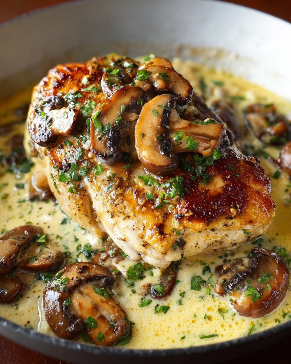 A cooked chicken breast with a golden-brown, crispy skin sits in a white pan filled with a creamy light yellow sauce. The chicken is topped with several slices of cooked brown mushrooms, which appear tender and glossy, and sprinkled with chopped green herbs. More mushrooms and herbs float in the sauce around the chicken. The white marbled background helps highlight the rich colors and textures of the dish. photo taken with an iphone --ar 4:5 --v 7