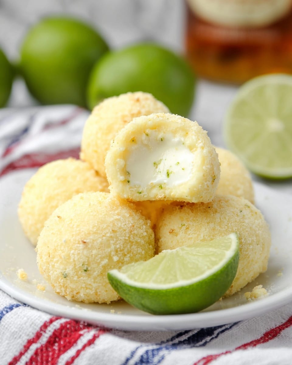 The image shows a white plate with several round, light yellow desserts coated in a crumbly texture. One dessert is cut open, revealing a creamy white filling with small green flecks inside. There is a slice of fresh lime with a bright green skin and pale green inside resting against the desserts. The plate sits on a cloth with red, white, and blue stripes, and the background is a white marbled texture with blurred whole and halved limes in the distance. Photo taken with an iphone --ar 4:5 --v 7