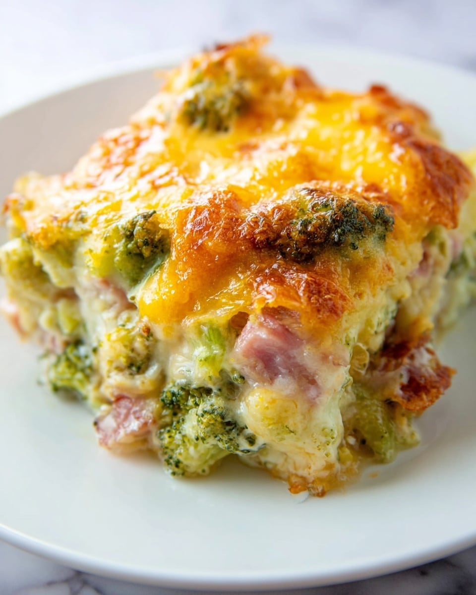 A piece of baked broccoli casserole sits on a white plate over a white marbled background, showing a thick top layer of melted golden-yellow and light brown cheese with a slightly bubbly texture. Below this, chunks of green broccoli florets peek through, mixed with bits of pink ham and creamy white sauce that bind the layers together. The casserole's texture looks soft and moist, with the broiled cheese creating a crispy, shiny surface. Photo taken with an iphone --ar 4:5 --v 7