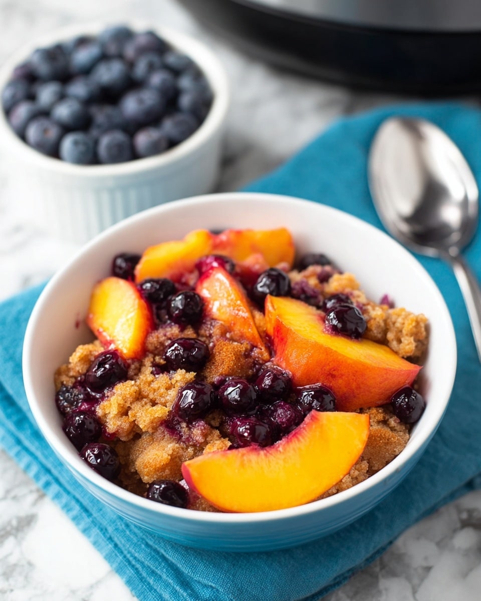 A white bowl filled with a fruit crumble dessert is shown, with a blue outer surface on the bowl. The dessert has three main layers: the base layer is juicy peach slices, bright orange and reddish with a glossy texture; scattered on top are dark purple blueberries that look shiny and fresh; sprinkled throughout are chunks of golden brown crumbly topping, adding a rough texture against the smooth fruit. In the background, there is a smaller white bowl filled with more blueberries and a spoon resting on a blue cloth, all set on a white marbled surface. Photo taken with an iphone --ar 4:5 --v 7