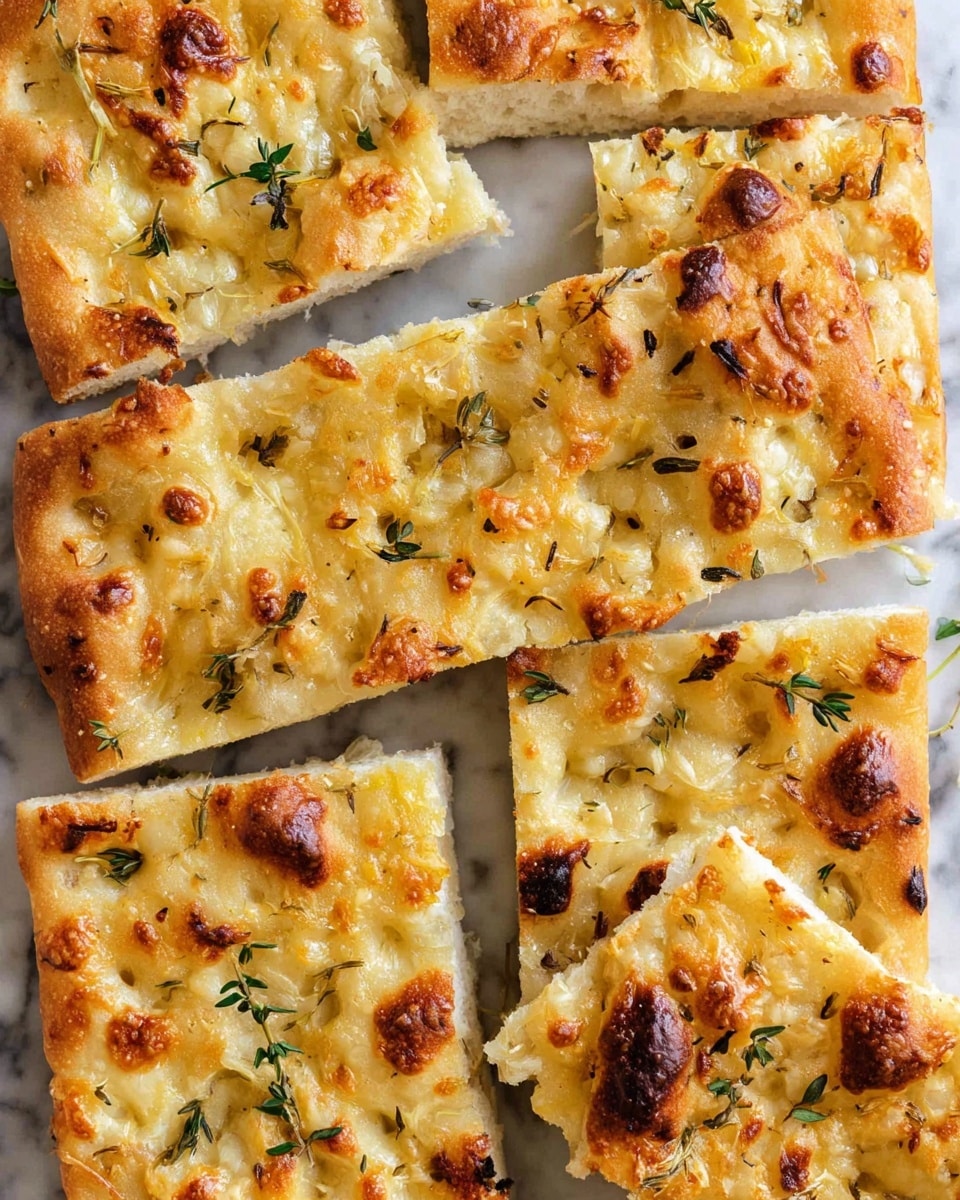 The image shows several rectangular slices of focaccia bread with a golden brown top layer. The crust has uneven patches of light and dark brown, with bubbly, melted cheese that is light yellow and some toasted spots. Small green herb sprigs, likely thyme, are scattered across the top, adding texture and color contrast. The bread base looks soft and slightly airy with a pale beige color. All slices are placed close together on a white marbled surface. photo taken with an iphone --ar 4:5 --v 7