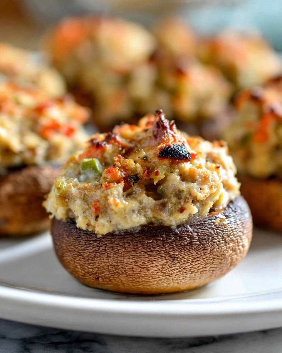 A close-up of a white plate showing a stuffed mushroom with three main layers: the bottom layer is a thick, brown mushroom cap with a textured surface, the middle layer is a creamy, light beige mix with visible small green and orange vegetable pieces, and the top layer is slightly browned and crispy with small burnt spots, giving a golden finish. The filling looks soft and rich, slightly overflowing the edges of the mushroom cap, with bits of red-orange pieces embedded in the creamy layer. The background is blurred but suggests there are more stuffed mushrooms further back on the white plate, all on a white marbled surface. photo taken with an iphone --ar 4:5 --v 7
