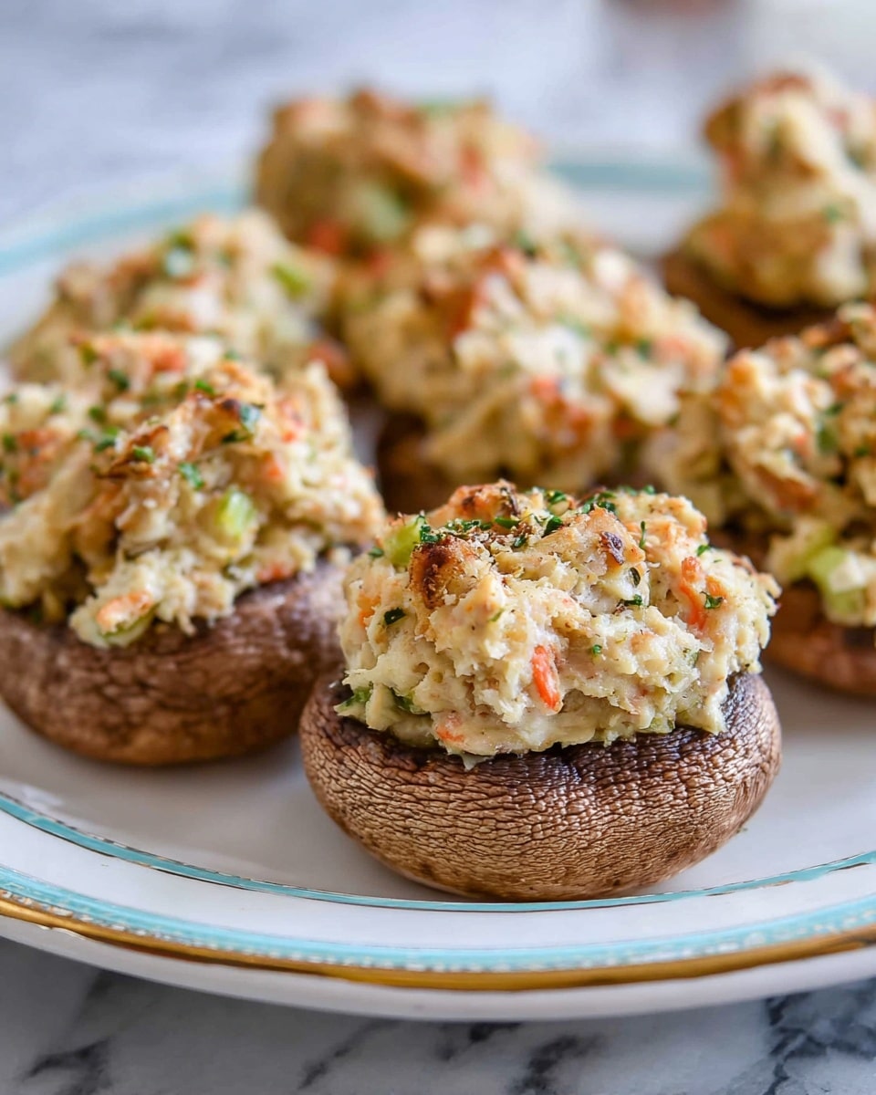 The image shows several stuffed mushrooms placed on a white plate with a light blue and gold rim. Each mushroom has a brown cap as the base layer with a slightly rough texture. On top, there is a thick layer of creamy stuffing that is light beige with orange and green bits, suggesting finely chopped vegetables or herbs mixed in. The stuffing looks soft and slightly browned on the top edges from baking. The plate is set on a white marbled surface, softly blurred in the background. photo taken with an iphone --ar 4:5 --v 7