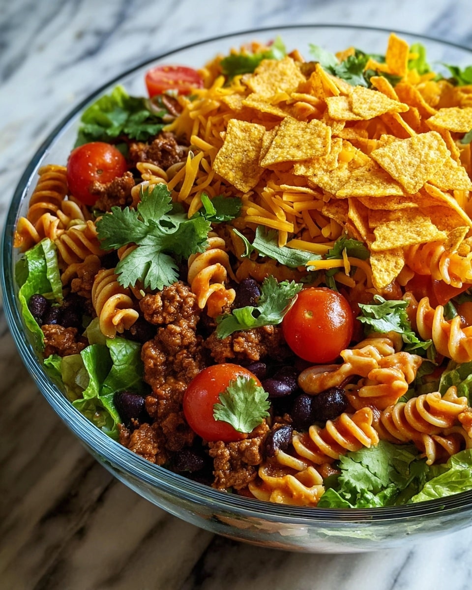 A large glass bowl filled with a colorful pasta salad sits on a white marbled surface, showing a mix of four visible layers. The bottom layer has green lettuce leaves, followed by a layer of dark black beans mixed with browned ground meat. The third layer consists of spiral-shaped pasta cooked in a reddish sauce, scattered with halved bright red cherry tomatoes. The top layer features crunchy orange corn chips and fresh green cilantro leaves scattered over shredded yellow cheese, creating a vibrant combination of colors and textures. Photo taken with an iphone --ar 4:5 --v 7
