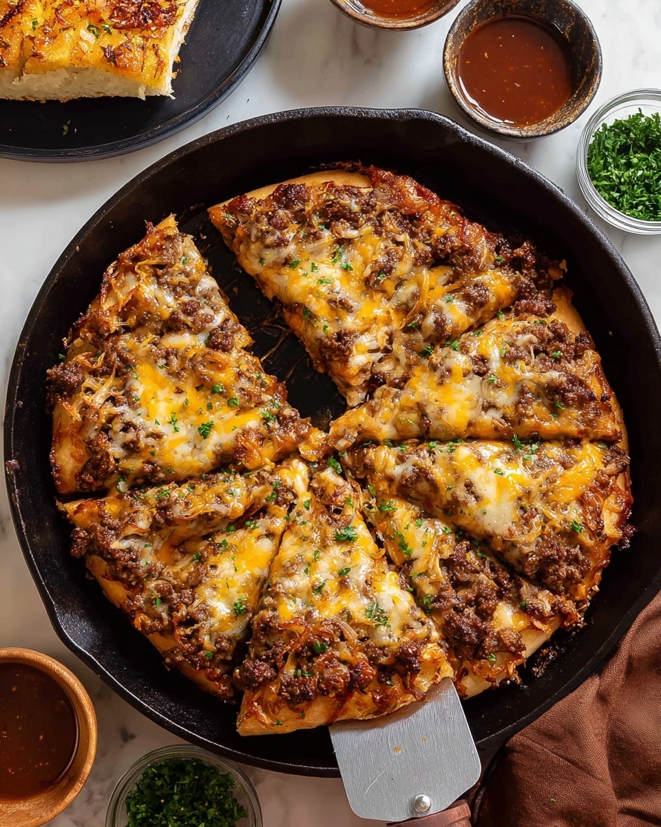A cast iron skillet holds a freshly baked cheeseburger pizza cut into eight slices. The base layer is a golden-brown crust with a slightly crispy texture. Above that is a thick layer of cooked ground beef mixed with caramelized onions, rich brown in color. The top layer is a melted blend of cheddar and mozzarella cheeses, gooey and slightly browned, scattered with small green parsley flakes. One slice is lifted with a metal spatula that has a wooden handle. Around the skillet, there are small bowls with extra sauce and chopped herbs on a white marbled surface, with a black plate holding a piece of cheesy bread in the background photo taken with an iphone --ar 4:5 --v 7
