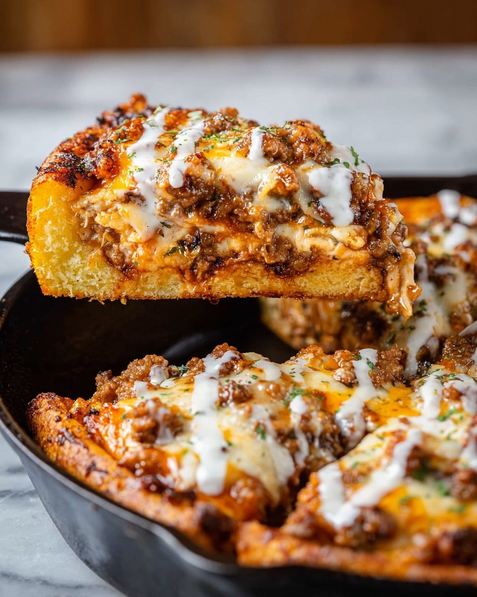 A close-up of a deep-dish pizza slice being lifted from a black cast-iron skillet. The pizza has three layers: a thick golden-brown, crispy crust at the bottom with a rough texture, a middle layer of browned ground meat mixed with herbs and melted cheese, and a top layer of bubbly melted cheese with white and orange colors, drizzled with creamy white sauce. The skillet holds the rest of the pizza with the same layers visible, set against a white marbled surface. photo taken with an iphone --ar 4:5 --v 7