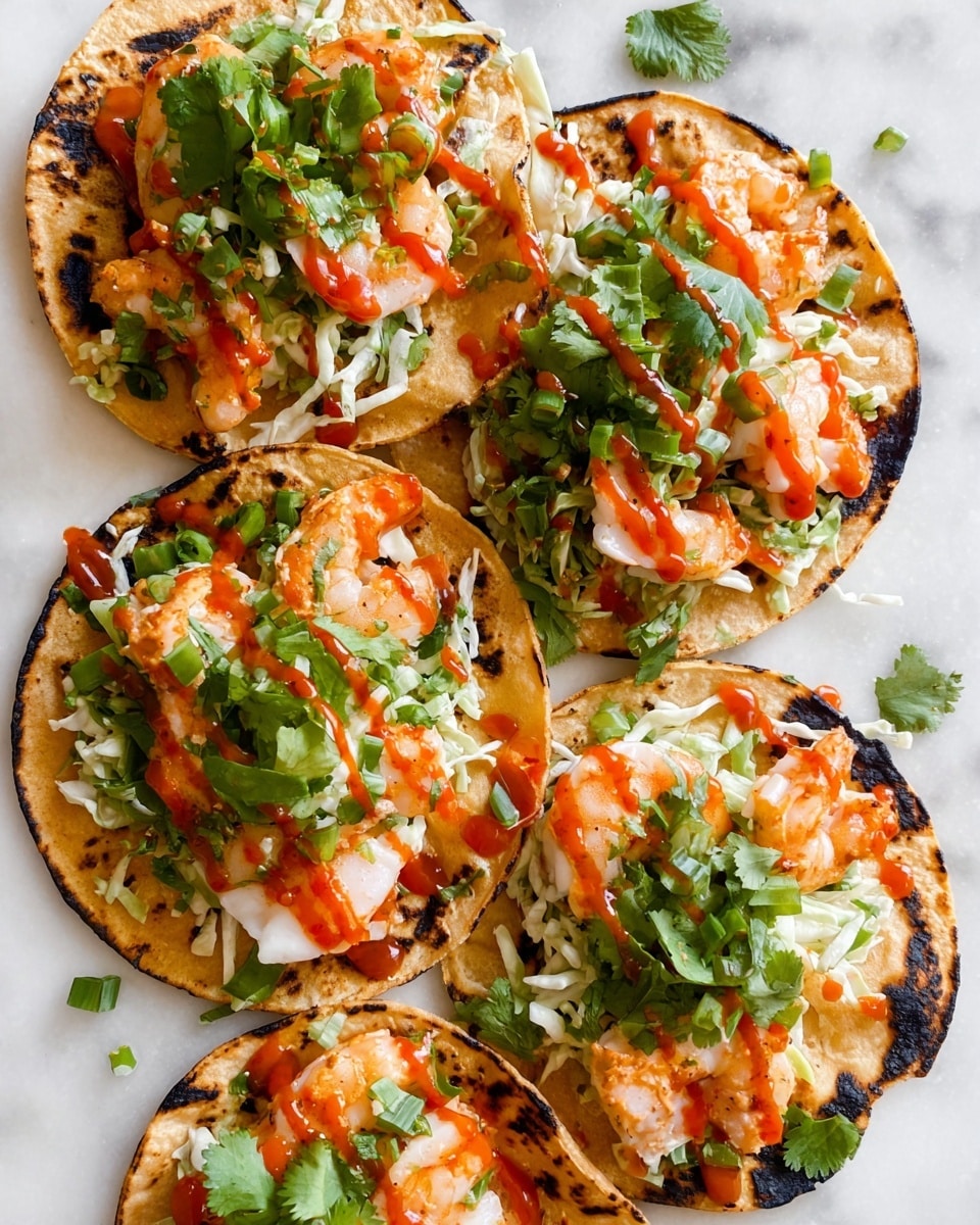 Four grilled tortillas with a slightly charred golden-brown surface are lined up on a white marbled background. Each tortilla acts as a base layer holding a mix of fresh green and white shredded vegetables, topped with bright orange creamy shrimp pieces. Over the shrimp, a drizzle of vivid red sauce adds contrast, and chopped green onions are scattered on top. Fresh cilantro leaves are placed around and inside each taco, adding touches of green throughout the image. The photo has a clear, close-up view focusing on the colors and textures of the ingredients. photo taken with an iphone --ar 4:5 --v 7