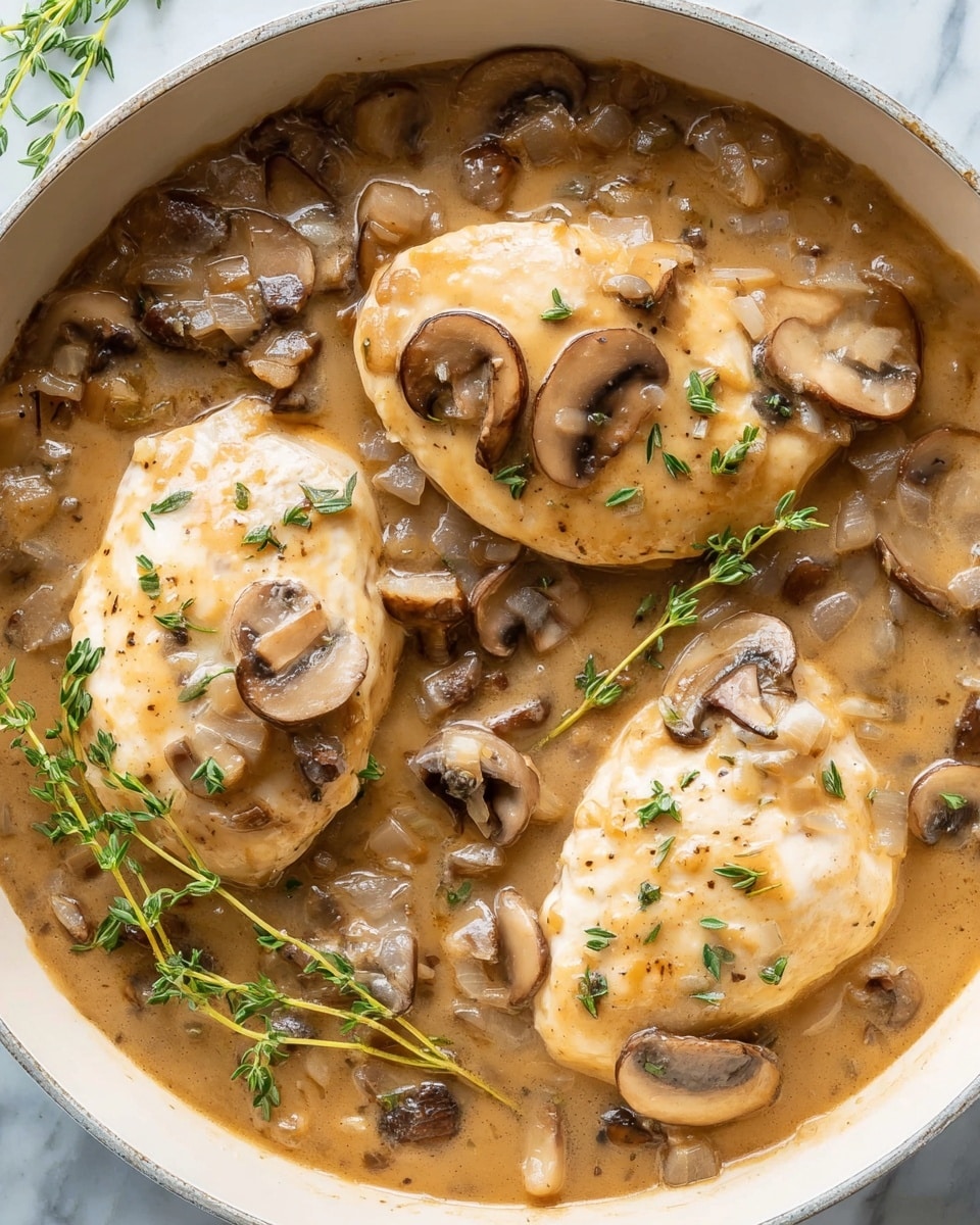 The image shows a white pan filled with a creamy mushroom sauce. Inside the sauce, there are three soft, round pieces of cooked chicken breast, light beige in color and partly covered by the sauce. The sauce is light brown with visible small bits of cooked onions and sliced brown mushrooms scattered throughout. Fresh green thyme sprigs are spread on top, adding a touch of bright green to the dish. The texture looks smooth and rich, with the mushrooms appearing tender and slightly glossy. The background surface is a white marbled texture. photo taken with an iphone --ar 4:5 --v 7