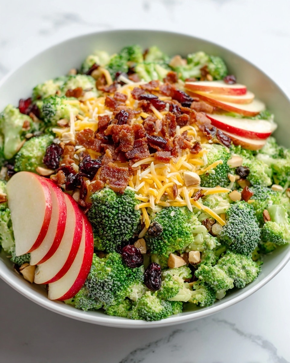 A white bowl filled with a layered broccoli salad, starting with bright green broccoli florets at the base, mixed with thin slices of red and white apple scattered throughout. On top of this, there are bits of crispy brown bacon pieces, dark red dried cranberries, and small, light brown sunflower seeds sprinkled evenly. Shredded yellow cheddar cheese is layered in small piles mostly near the center, giving a pop of warm color. A light creamy dressing coats some broccoli and apple pieces, adding a glossy finish. The bowl sits on a white marbled surface, creating a fresh and clean background. photo taken with an iphone --ar 4:5 --v 7