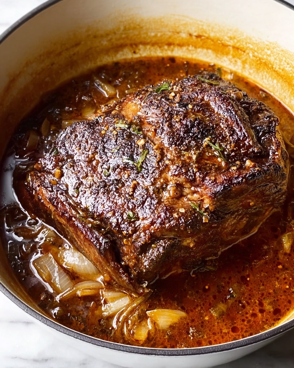 A thick, dark brown piece of cooked meat with a crispy, textured crust sits in the center of a white pot filled with rich, golden-brown sauce pooling around the meat. The sauce has small chunks of light brown and translucent onion pieces along with some green herb bits floating near the edges. The meat’s surface shows a mix of darker charred spots and glistening oily streaks from the sauce. The white pot has a slight burn mark near the rim, contrasting with the shiny, juicy look of the meat and sauce inside. The whole image is set on a white marbled texture. photo taken with an iphone --ar 4:5 --v 7