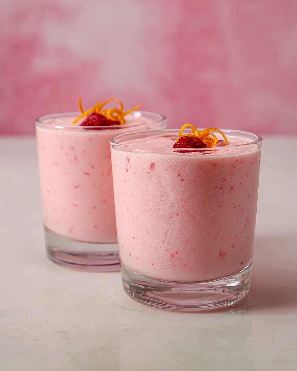 Two glasses filled with a creamy pink drink that has a smooth, slightly textured surface with tiny red specks throughout. Each glass is topped with a small red berry and a few thin orange curls placed on the top center. The glasses themselves are clear with a thick base, sitting on a white marbled surface. The background has soft pink tones which match the drink's color. photo taken with an iphone --ar 4:5 --v 7