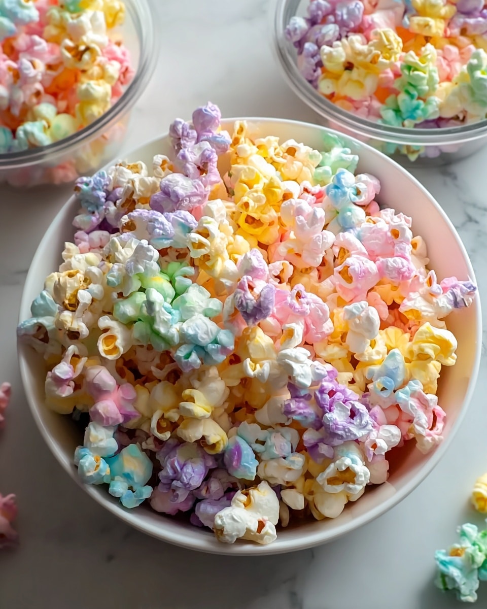 A white bowl filled with fluffy popcorn dyed in soft pastel colors including pink, purple, yellow, blue, green, and orange, creating a rainbow effect among the popcorn pieces. The popcorn has a light texture with visible kernels and a mix of colors spread evenly throughout. The bowl sits on a white marbled surface, with two containers partially shown near the edges, also filled with similar pastel-colored popcorn. The lighting is bright, highlighting the soft hues and the popcorn’s airy look. Photo taken with an iphone --ar 4:5 --v 7
