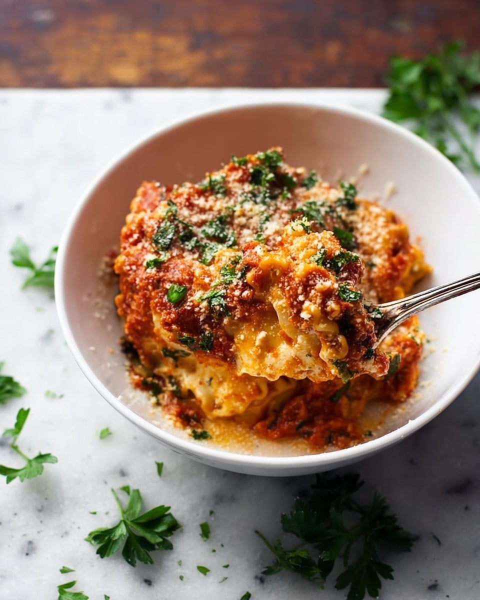 A white bowl holds a serving of lasagna with about three visible layers: a top red tomato sauce layer dotted with green herbs and sprinkled with light brown grated cheese, a middle creamy orange and white cheese layer with mixed textures, and a bottom layer of soft pasta sheets slightly soaked in sauce. The lasagna shows a rich, thick texture with green parsley pieces scattered on top and around the bowl. A silver fork is lifting a bite from the bowl. The bowl is placed on a white marbled surface with a few green parsley leaves scattered nearby. Photo taken with an iphone --ar 4:5 --v 7