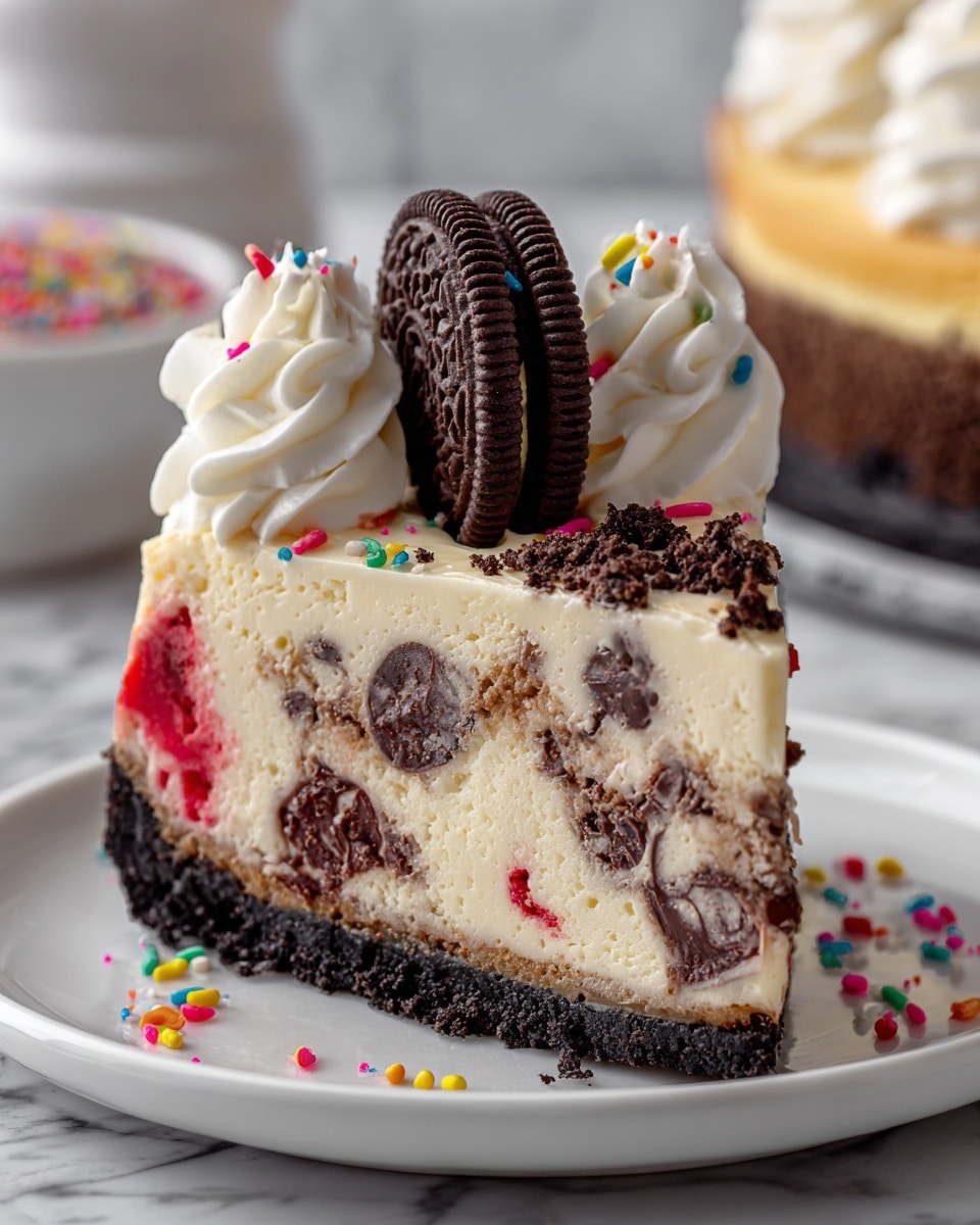 A single slice of cheesecake sits on a white plate with a dark crumbly chocolate crust at the bottom, followed by a thick creamy white layer with swirls of red and dark chocolate chunks mixed throughout. On top, there are two fluffy white whipped cream dollops, one holding an upright whole chocolate sandwich cookie. Colorful small round sprinkles are scattered on the cheesecake and plate. The background shows a white marbled texture surface and part of the rest of the cheesecake blurred out. photo taken with an iphone --ar 4:5 --v 7