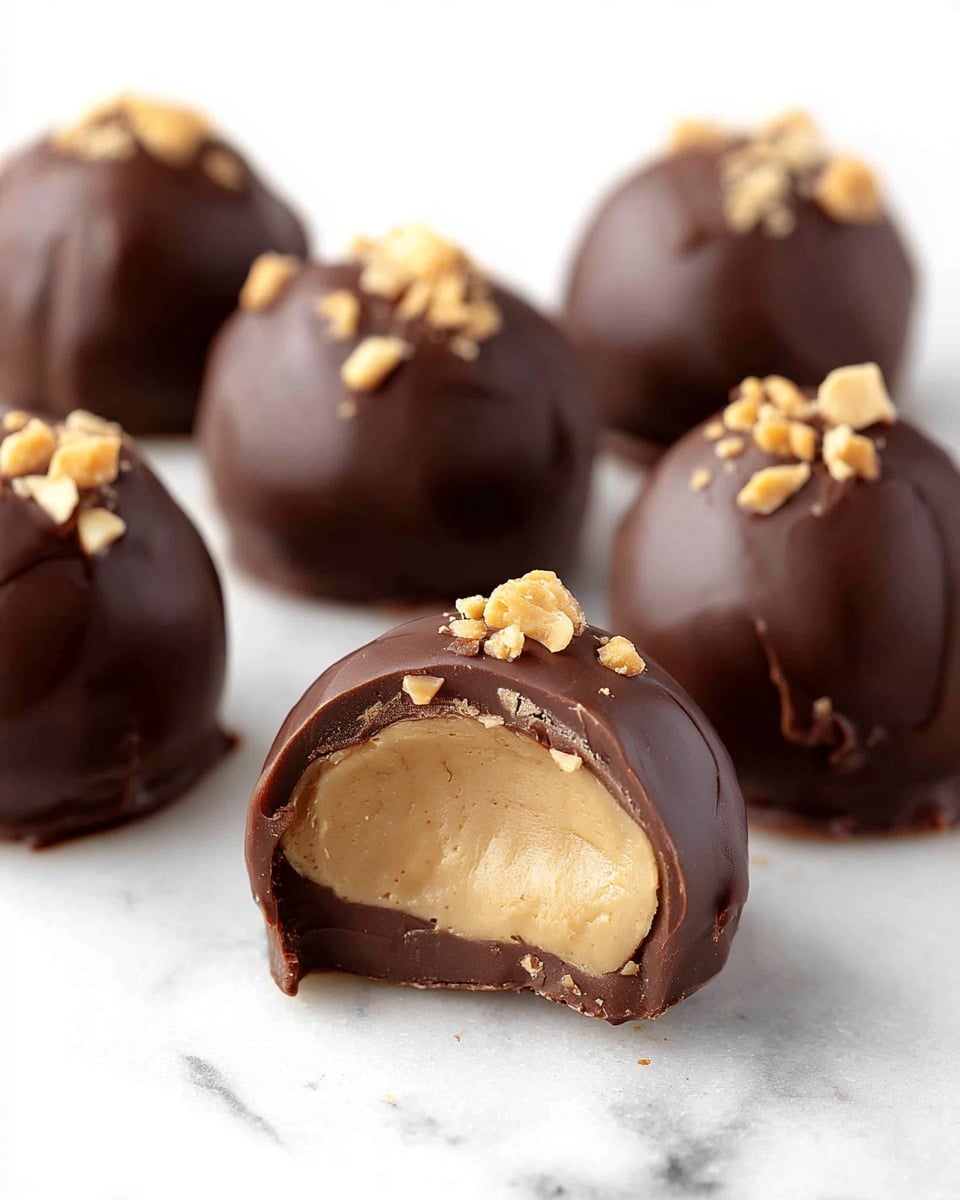 The image shows several round chocolate truffles placed on a white marbled surface. Each truffle is coated in smooth, shiny dark chocolate with a few small chopped nut pieces sprinkled on top. The truffle in the front is cut open, revealing a creamy light beige filling inside, wrapped by thick layers of chocolate. The texture of the filling looks soft and dense. The truffles are arranged in a loose group, with the focus mainly on the open truffle in the foreground. Photo taken with an iphone --ar 4:5 --v 7