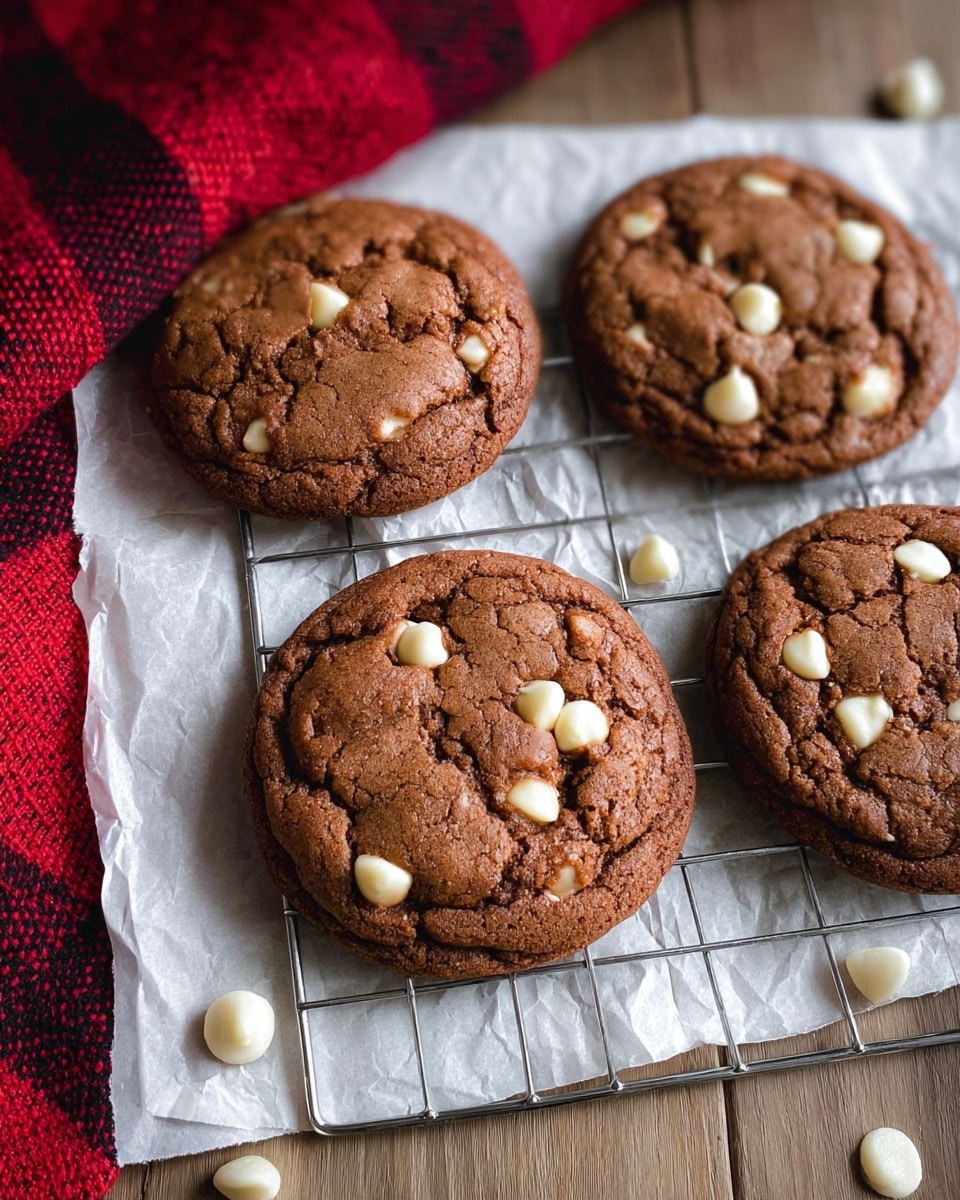 The image shows four round brown cookies with white chocolate chips scattered on top and slightly melted into the surface. The cookies have a cracked texture, looking soft and chewy. They are arranged on a metal cooling rack placed on crumpled white paper. Around the paper, the edge of a wooden surface and a red cloth with dark stripes are visible. A few white chocolate chips are scattered under the rack on the paper and wood. photo taken with an iphone --ar 4:5 --v 7